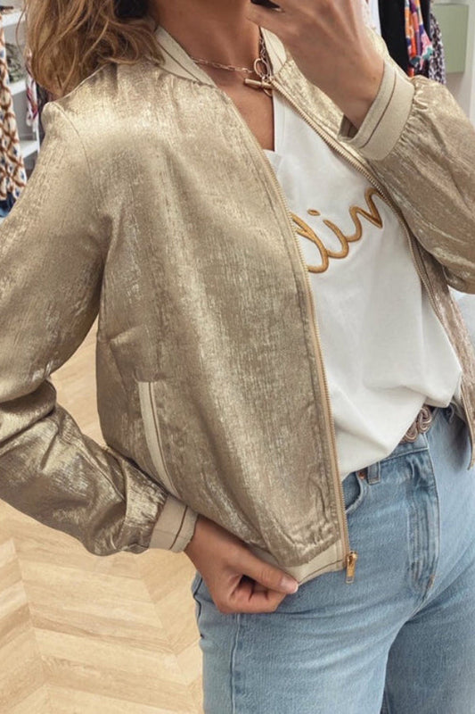 WW | Khaki Metallic Zip Baseball Jacket
