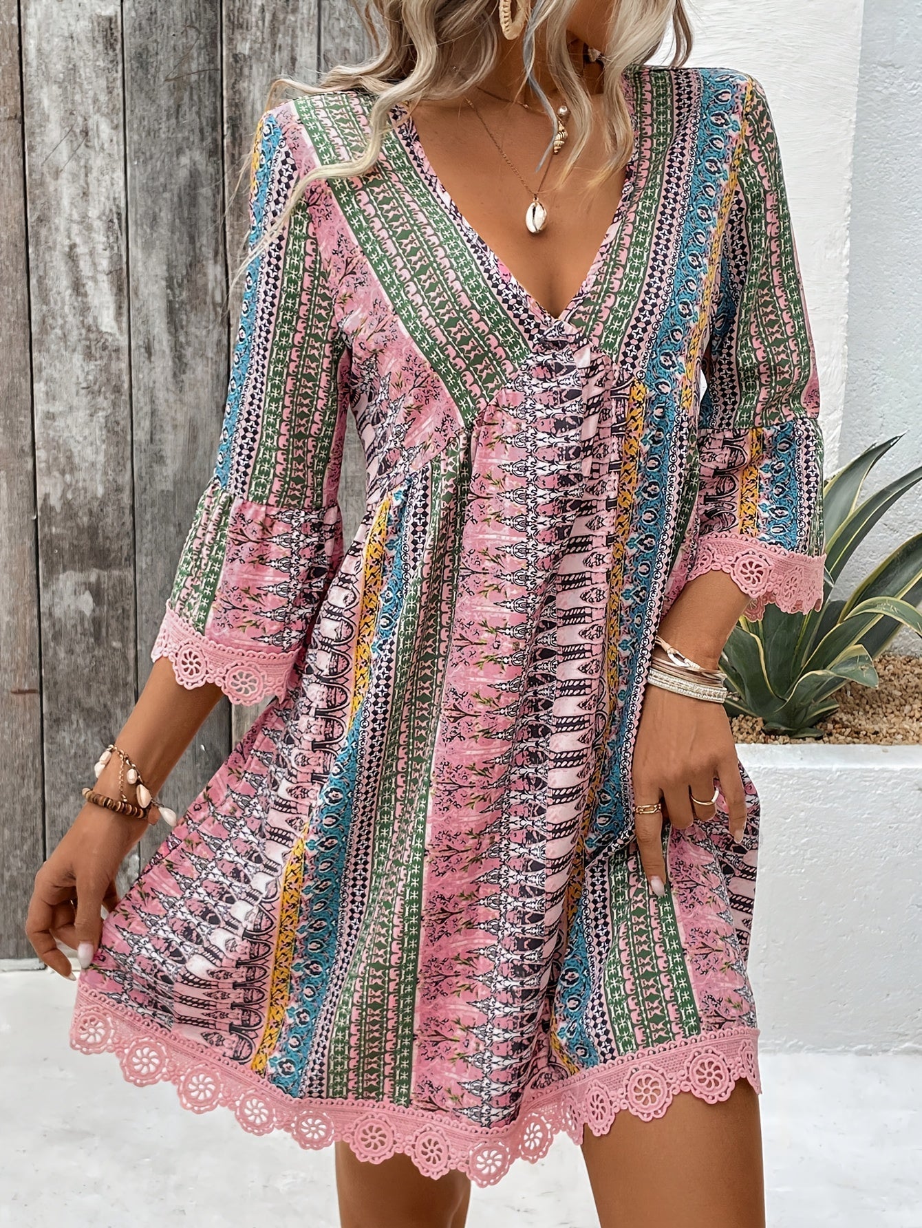 Sofie - V-Neck Dress with Lace Trim