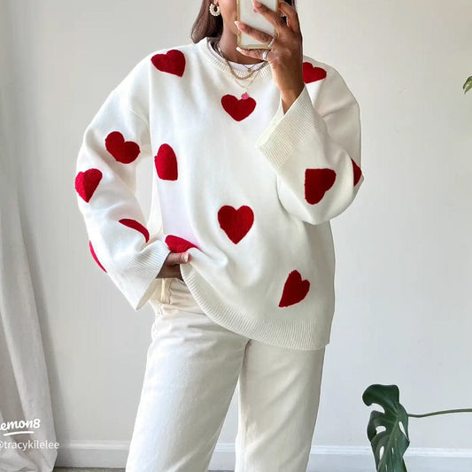 WW | Herz Druck Strickpullover Lässig Gemütlich Tragen