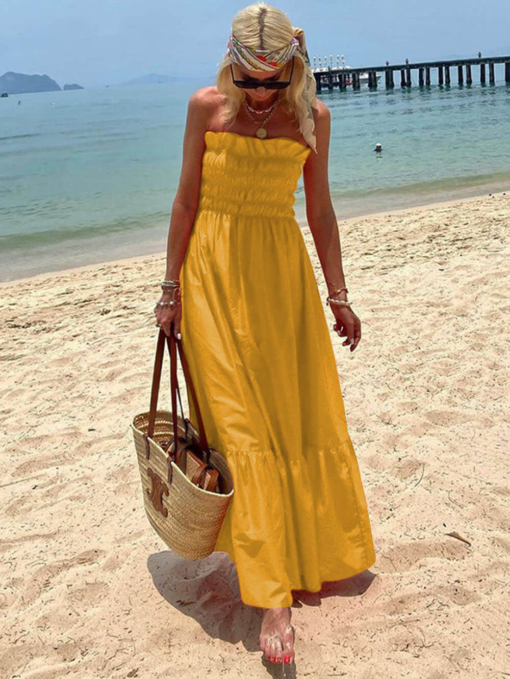 Off-Shoulder Smocked Bust Vacation Maxi Dress
