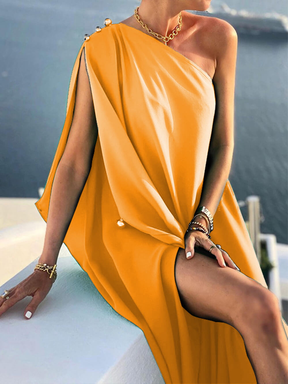 WW | Drapiertes Maxikleid mit einem Schulter für Damen