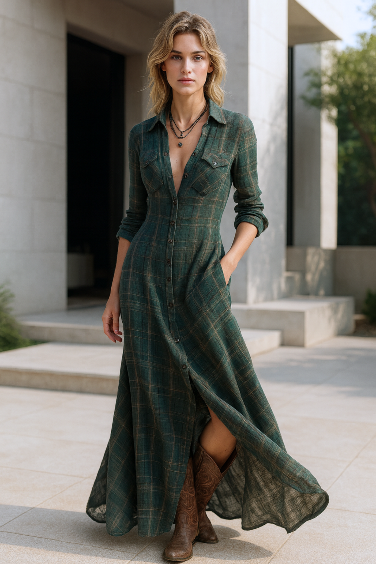 Solene | Checked Maxi Shirt Dress