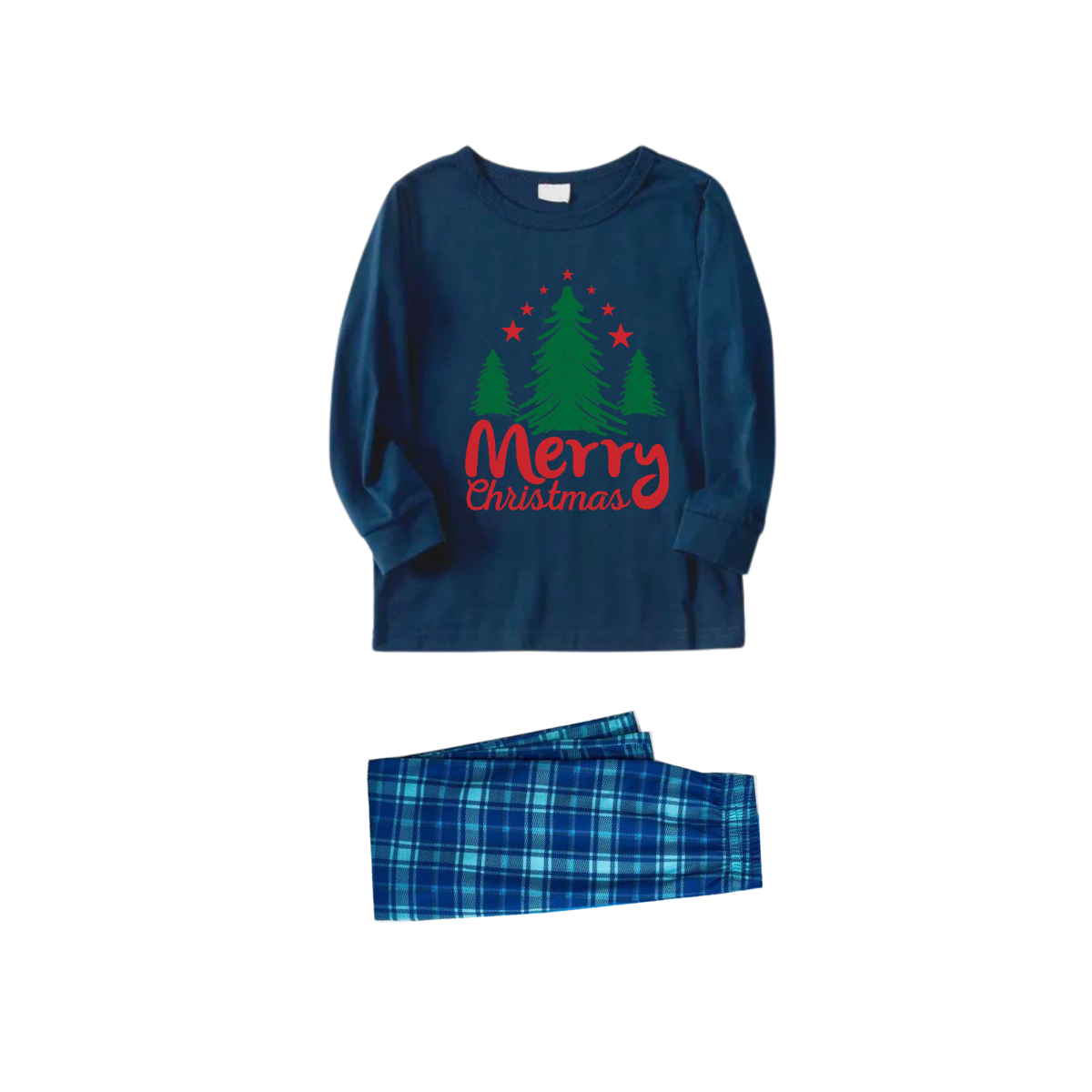 WW | Merry Christmas Letter & Tree Print Blue Long Sleeve Top and Blue & White Plaid Pants Family Matching Pajamas