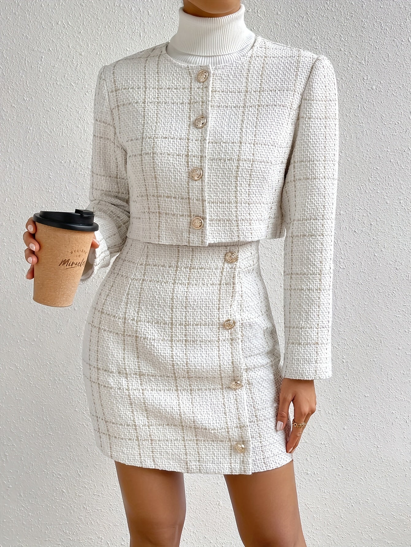 WW |  Kariertes Tweeted Outfit-Set Für Damen - Für Formelle Anlässe