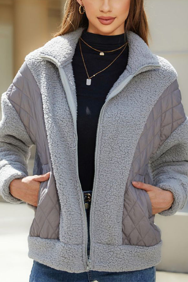 WW | Langarm-Cardigan mit Reißverschluss aus Plüsch-Patchwork Damenjacke