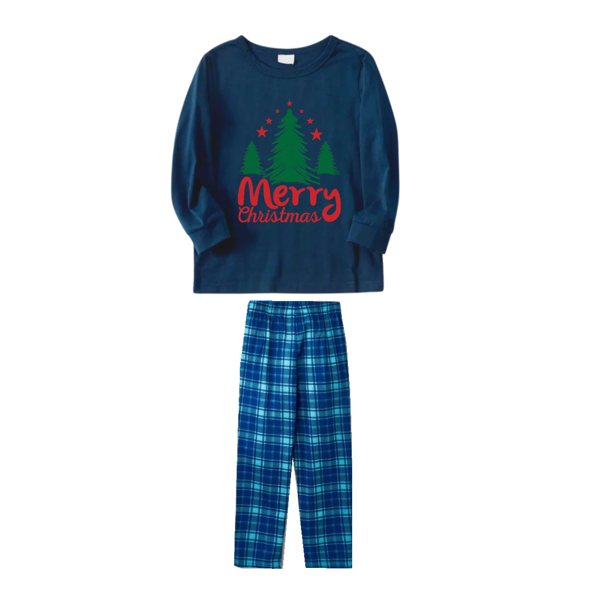 WW | Merry Christmas Letter & Tree Print Blue Long Sleeve Top and Blue & White Plaid Pants Family Matching Pajamas