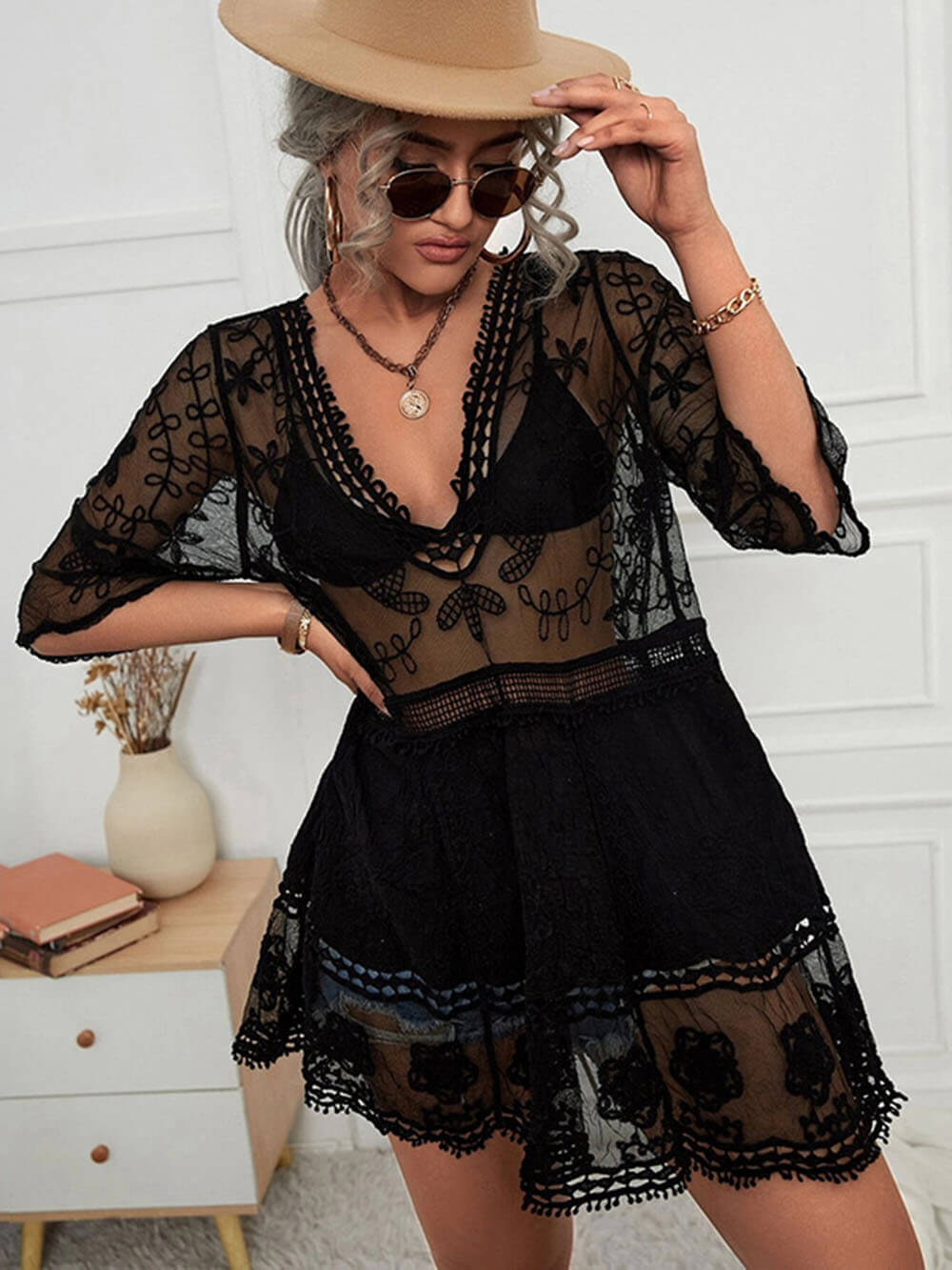 Loose lace beach dress as a bikini cover-up for that vacation feeling