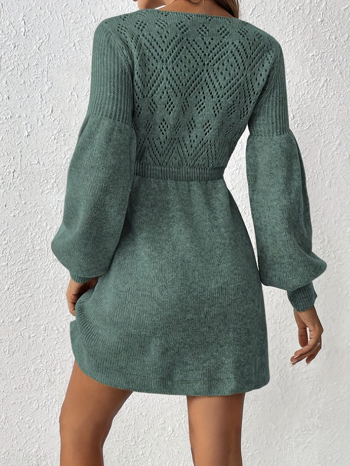 WW | Eyelet Embroidery Solid Color Knit Lantern Sleeve A-Line Ruched Waist Formal Dress For Women - Ideal for Formal Occasions