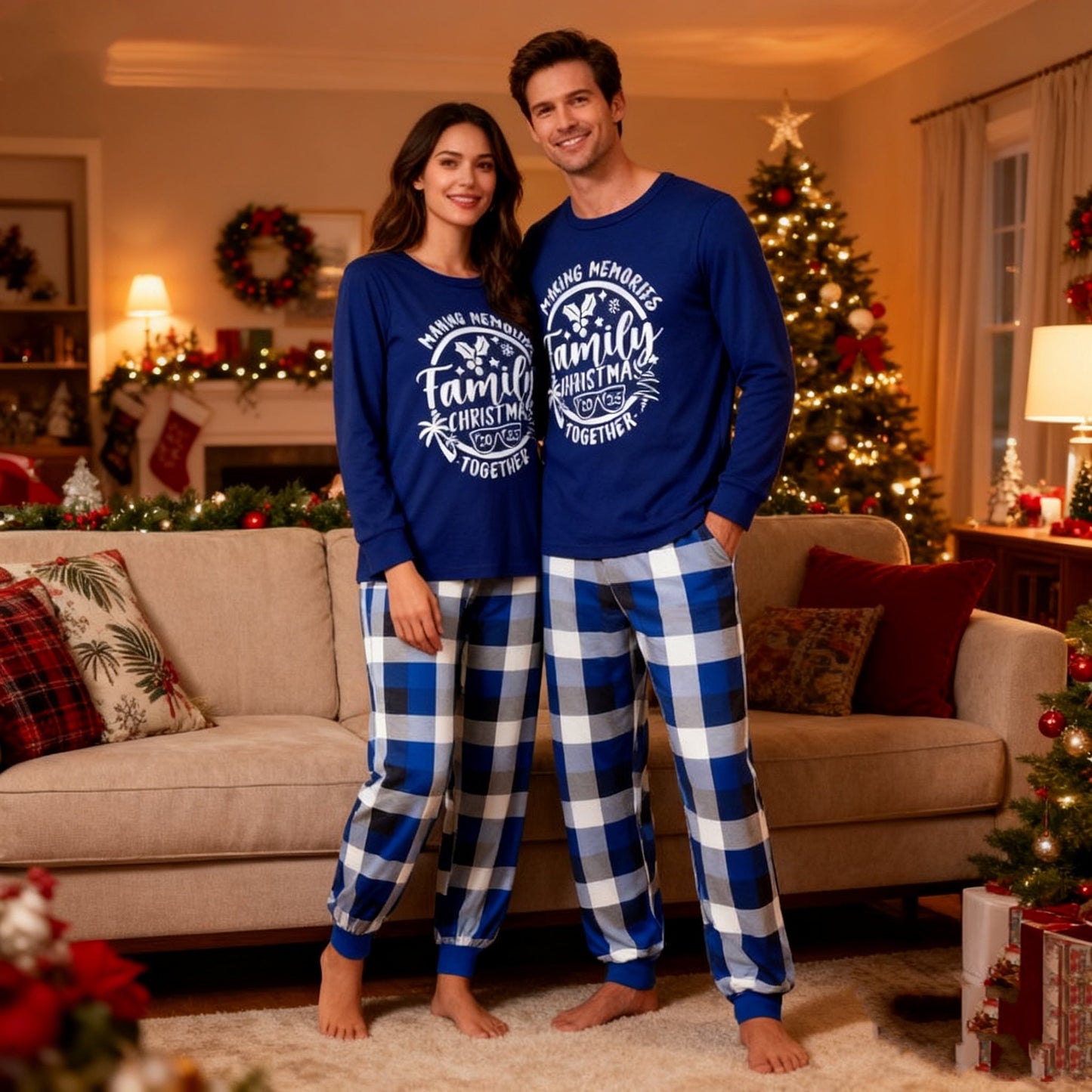 WW | Christmas Couple Blue Plaid Pajamas with Make Memories Together 2025 Print