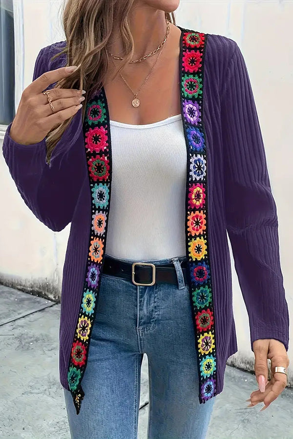 WW | Boho knit cardigan with floral trim and long sleeves