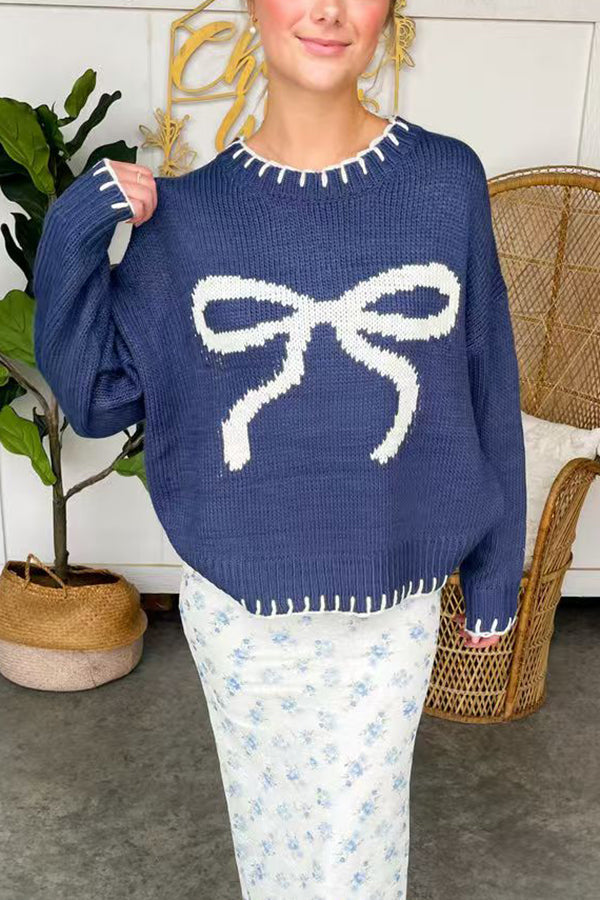 WW | Christmas Bow Contrast Color Inset Edge Long Sleeve Knitted Sweater