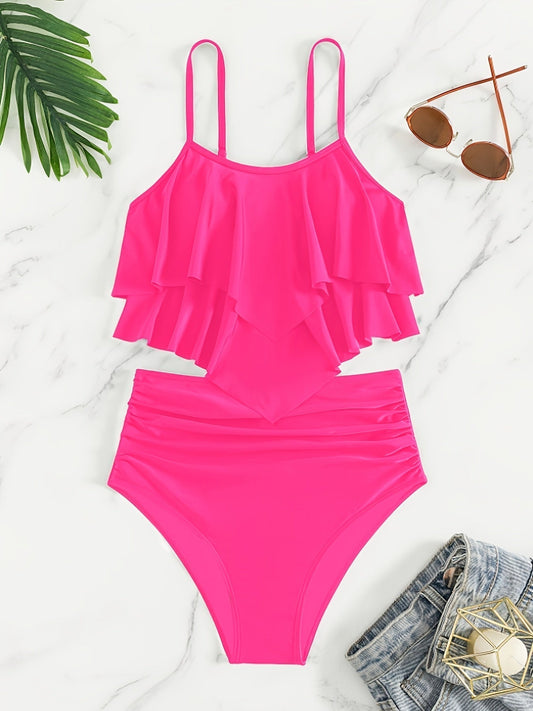 WW | Ruched Layered Two Piece Black Tankini for Women