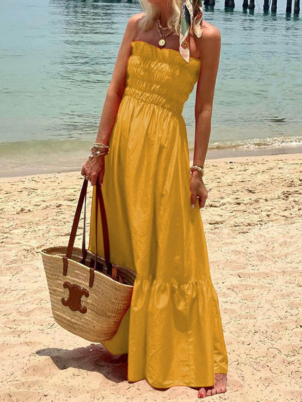 Off-Shoulder Smocked Bust Vacation Maxi Dress