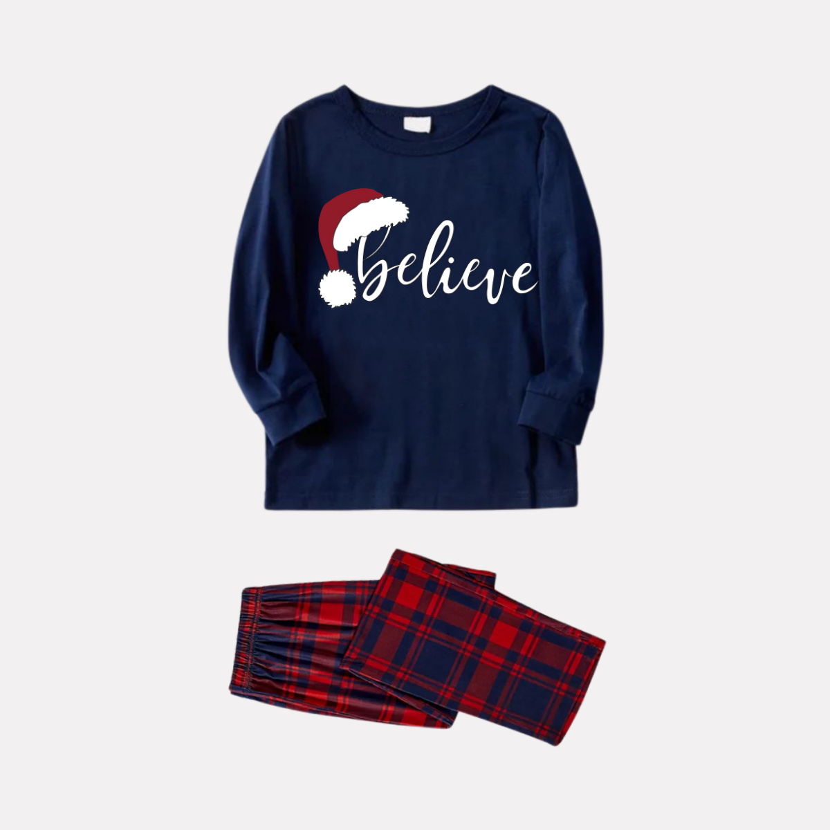 WW | Weihnachten "Believe" Buchstaben Drucken Blau Langarmoberteil mit Rot- und Blau-Karierten Weihnachtsfamilien-Matching Pyjamas