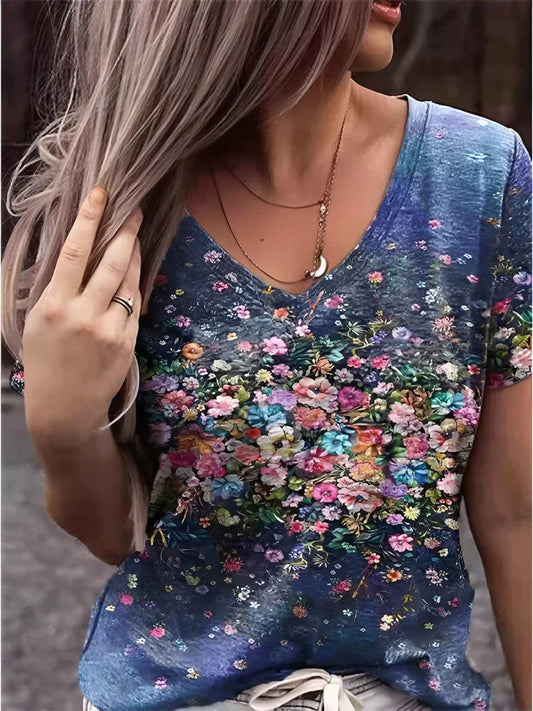 WW | T-Shirt mit V-Ausschnitt und Floralem Druck
