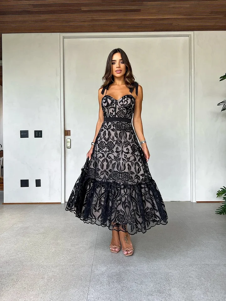 Alexandra - Patterned Black Sleeveless Midi Dress