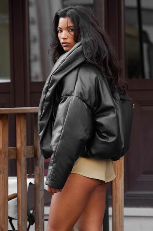 WW | Leather Stand-Up Collar Cropped Puffer Jacket