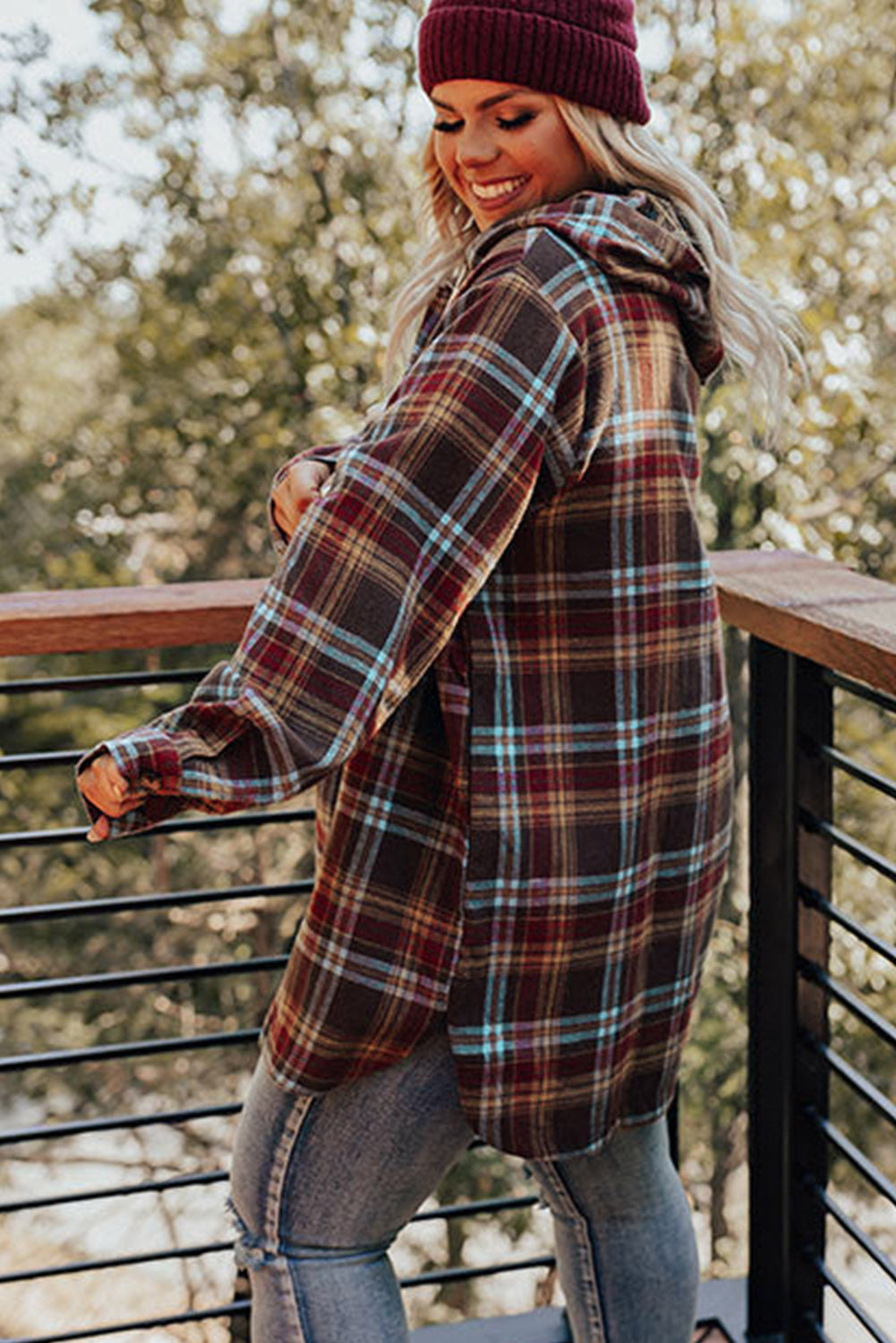 WW | Fiery Red Plus-Size Plaid Kangaroo Pocket Drawstring Hoodie