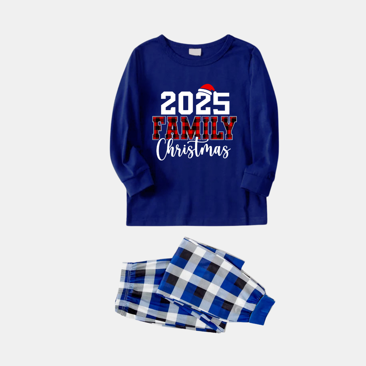 WW | Couple's matching blue plaid pajamas with "2025 Family Christmas" printed on them