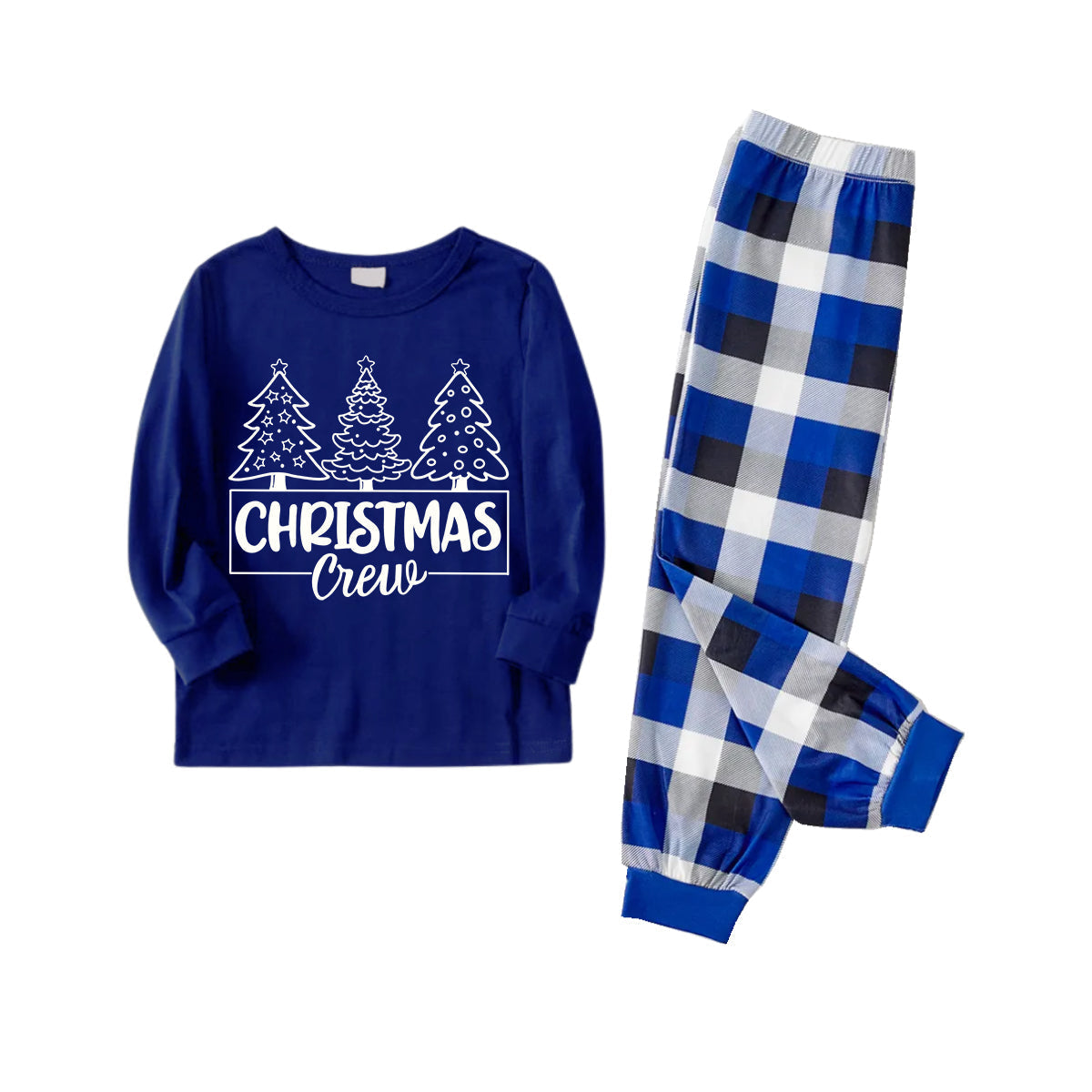 WW | "Christmas Crew" und Bäume Blau Lange Ärmel mit Blau Karierte Paar passende Pyjamas