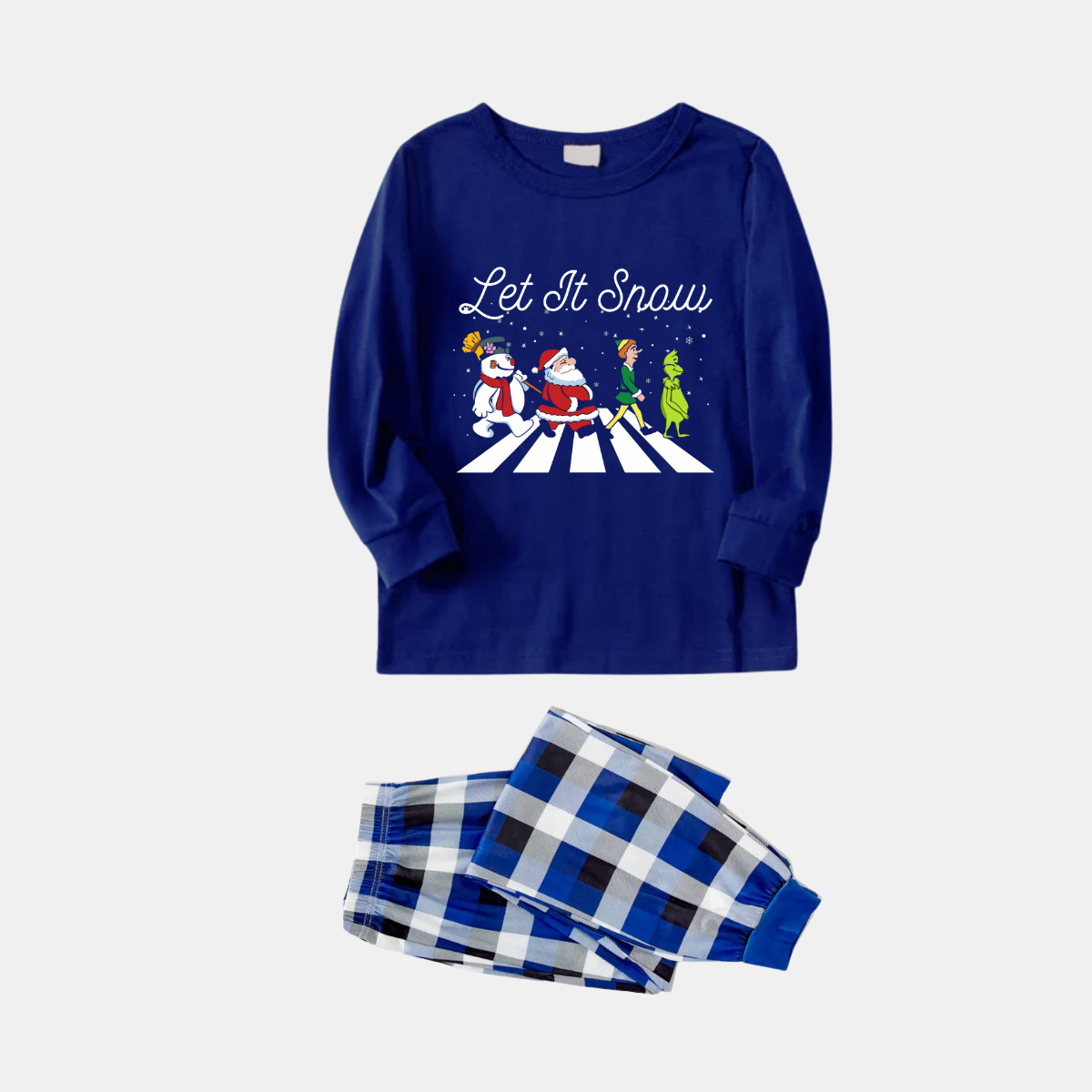 WW | Couple Navy Blue & White Plaid Santa & Cartoon Pattern Print Pajama Set