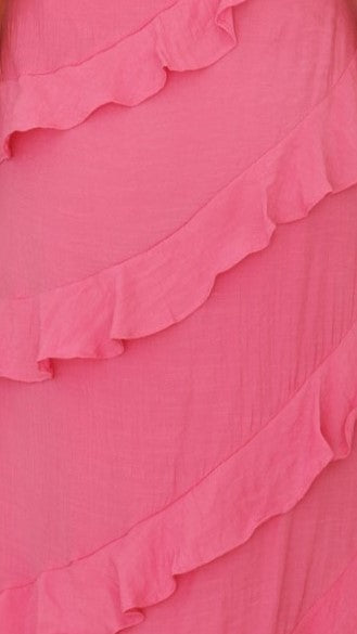 Modern, lightweight long dress with fine drawstring at the neckline and diagonal ruffles