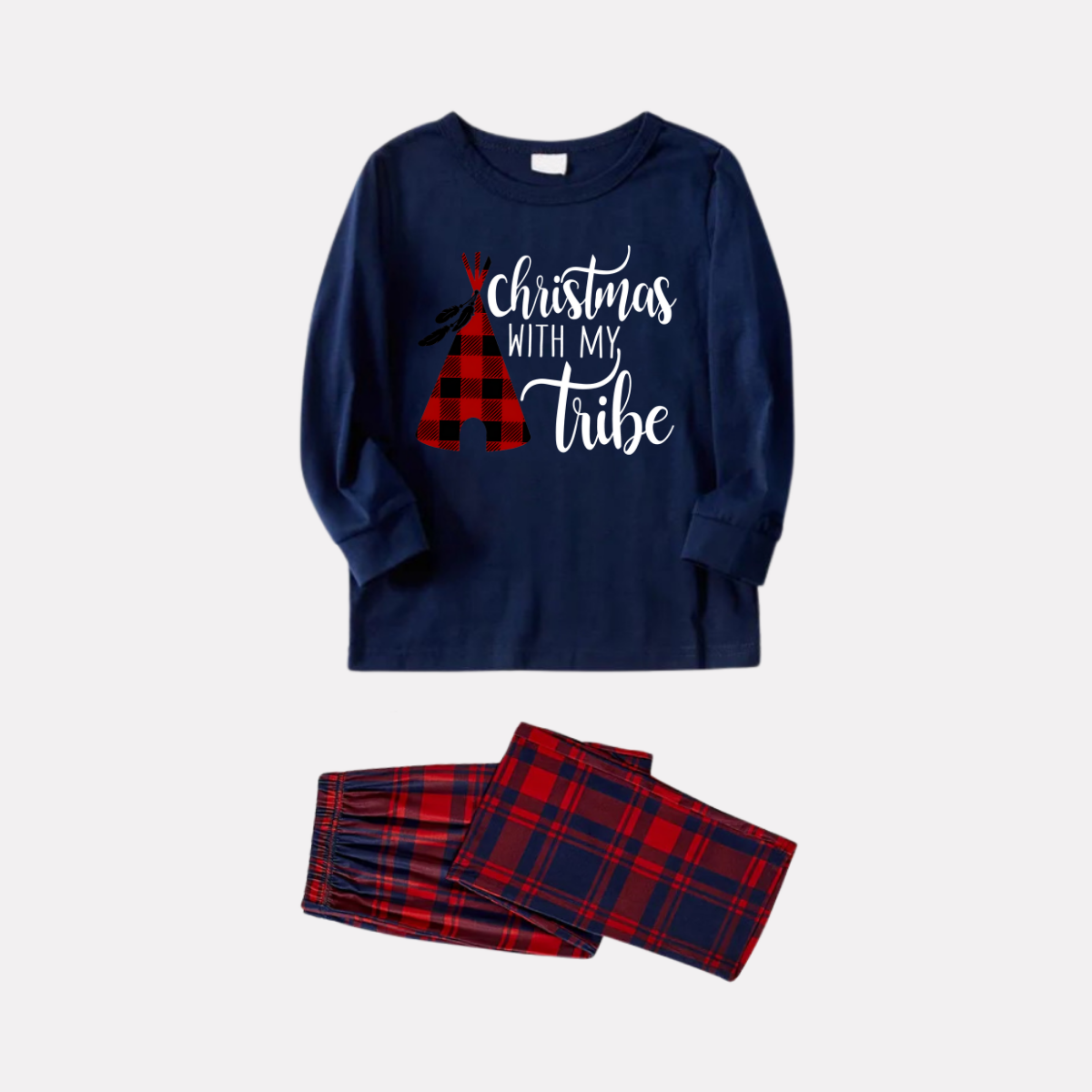 WW | Weihnachtsröhre und Buchstabendruck Blau Langarmoberteil mit Rot & Blau Karo Familienset Pyjamas