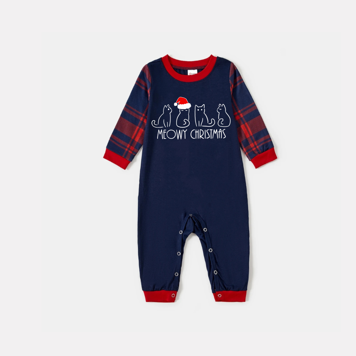 WW | Weihnachtskatze Druck Blau Langarm Top mit Rot & Blau Karomuster Weihnachts Familie Passende Schlafanzüge