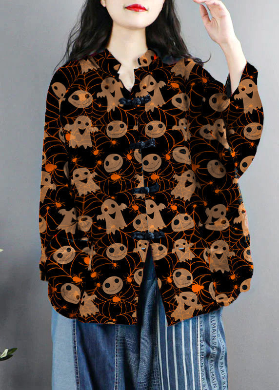 WW | Style Black Ghost Print Pockets Button Patchwork Cotton Coats Long Sleeve