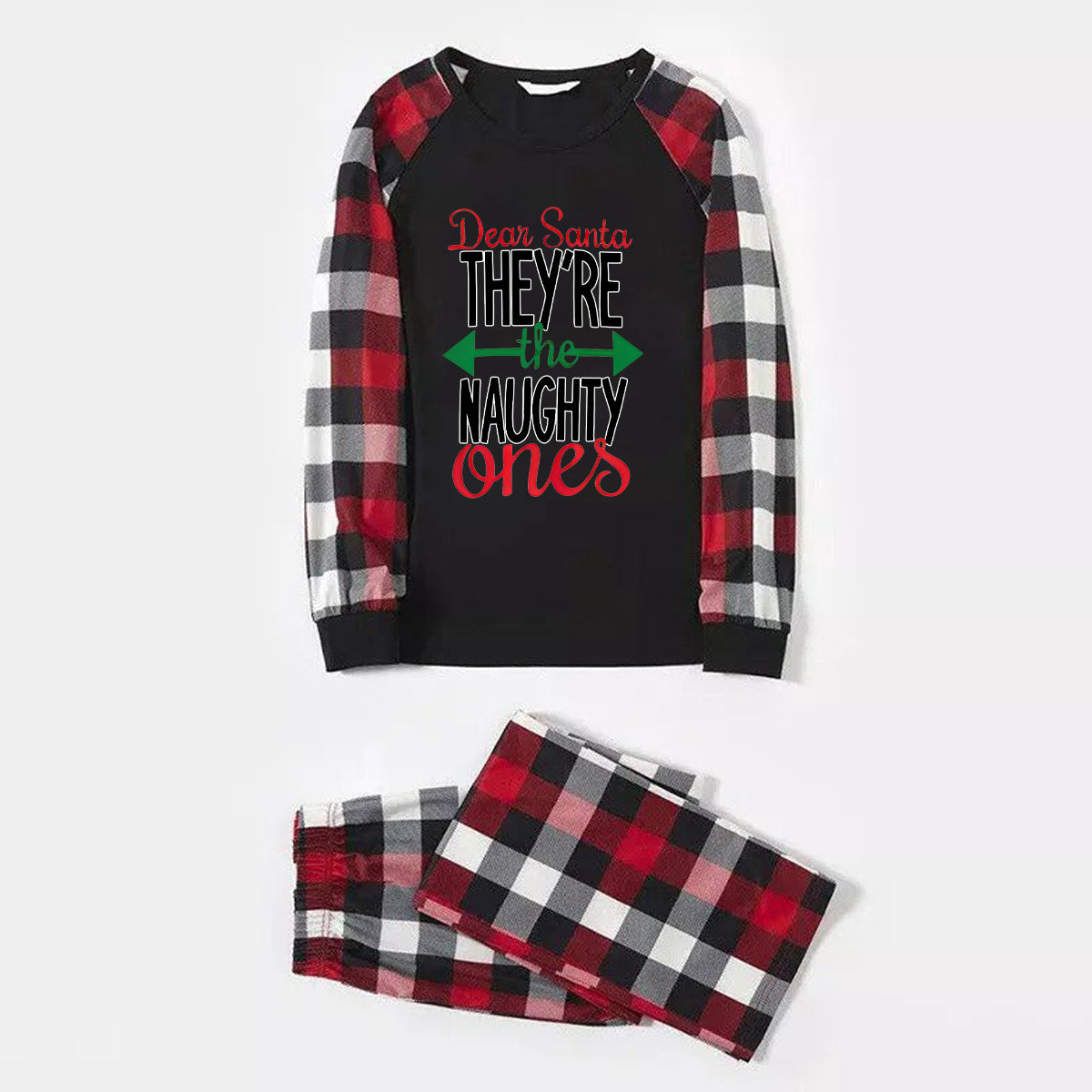 WW | Dear Santa You are the Naughty' Print Casual Long Sleeve Sweatshirts Contrast Tops and Red & Black & White Plaid Pants Family Matching Pajama Set with Dog Bandana