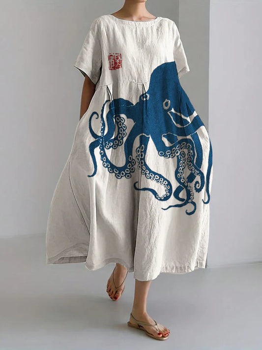 WW | Long Dress In Half-Linen With Japanese Octopus Linen Pattern