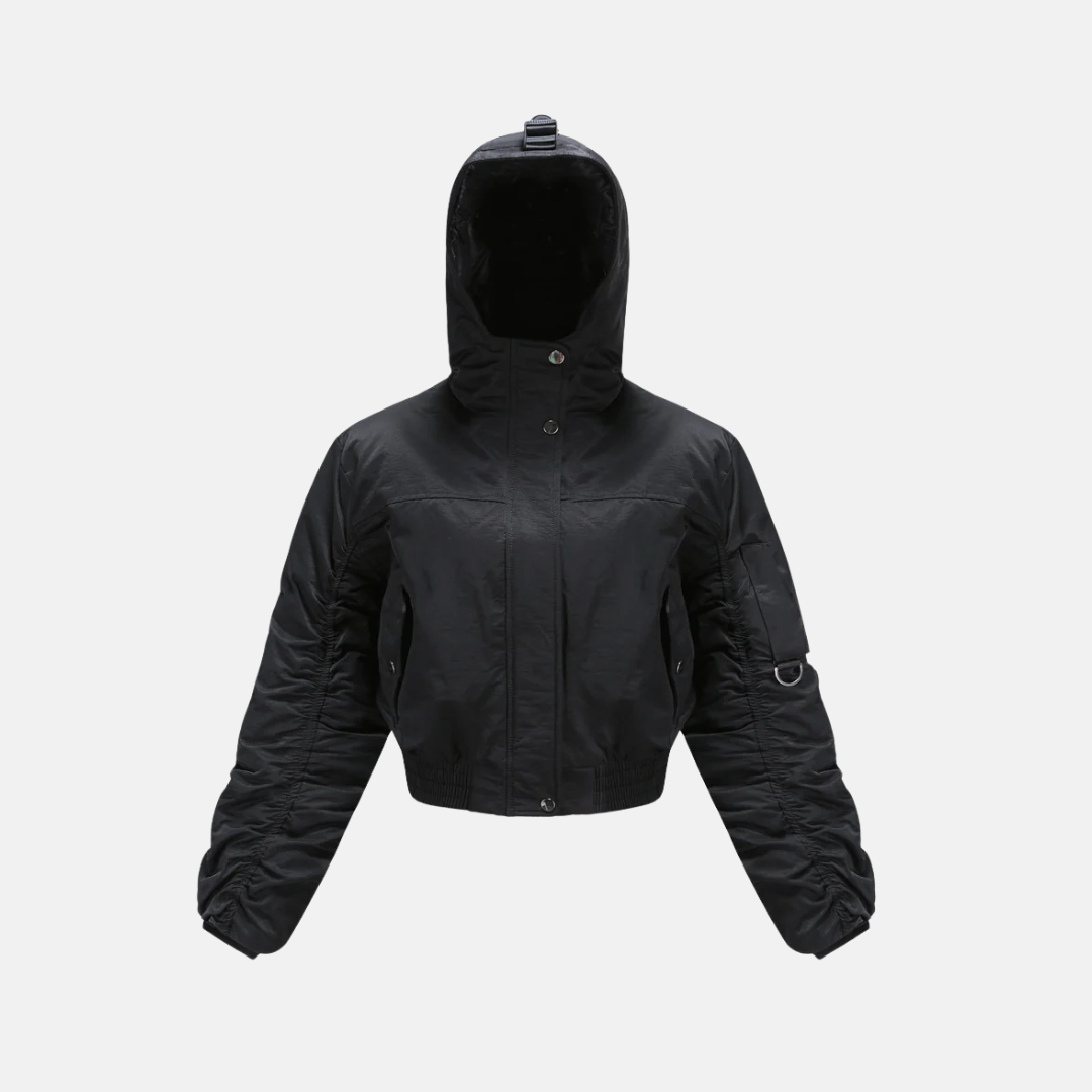 WW | Puffer Jacket Cropped Fit Drawstring Hood Ribbed Cuffs