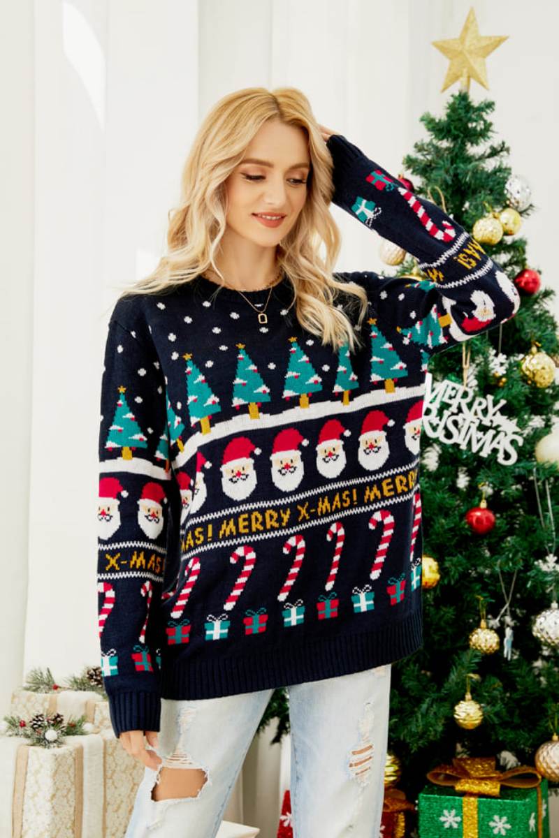 WW | Rundhals Locker Sitzendes Weihnachts-Themen Strickpullover