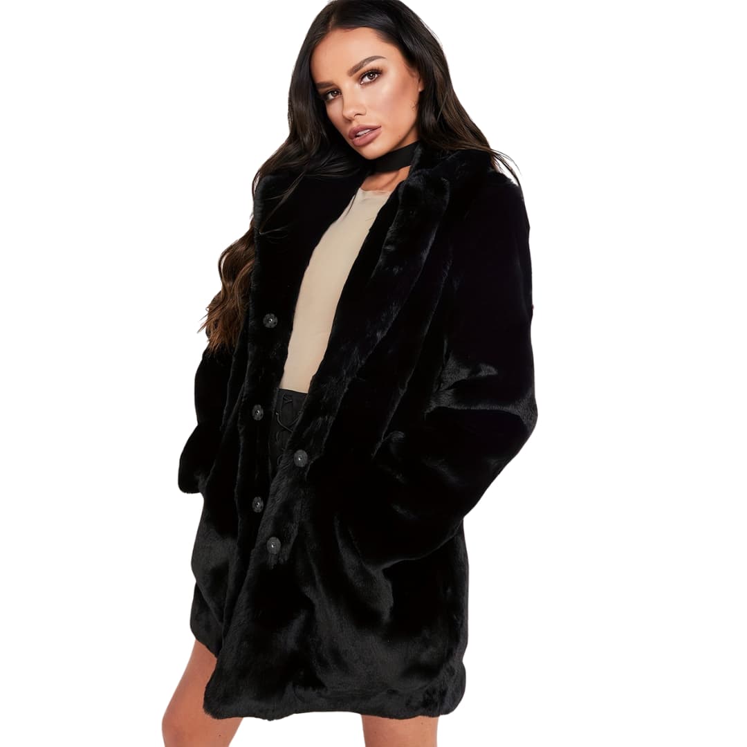 WW | Elegante Kunstpelzjacke für Frauen Lange Ärmel Knopfverschluss Taschen