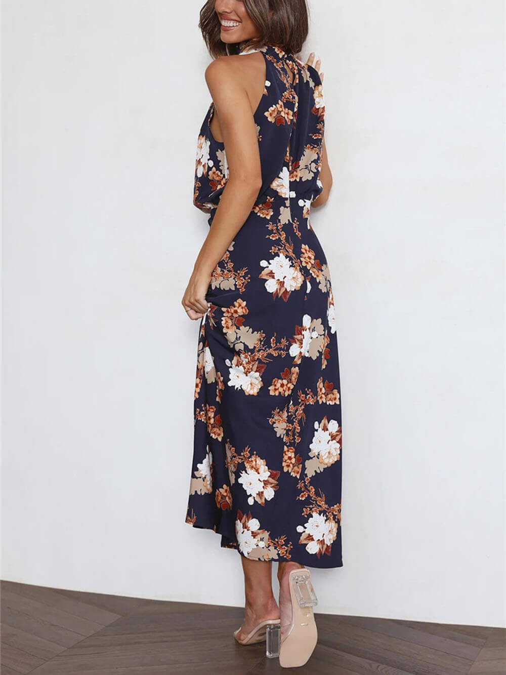 Maxi dress with halterneck, floral pattern, and elasticated waist