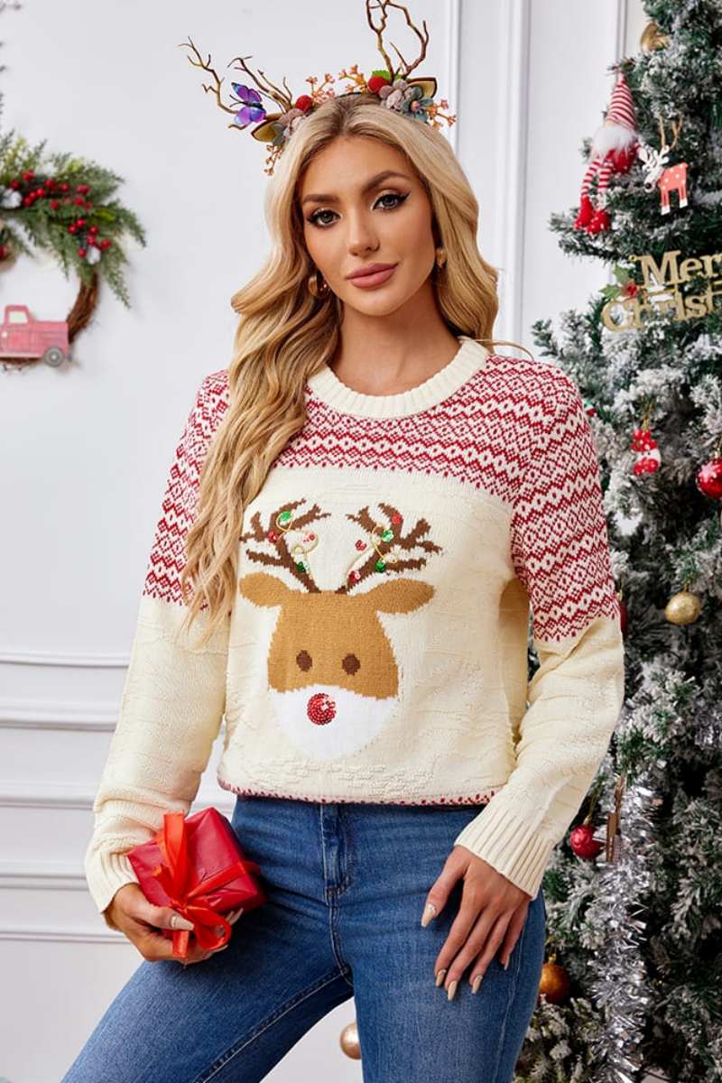 WW | Weihnachtlicher Rundhals bestickter Strickpullover