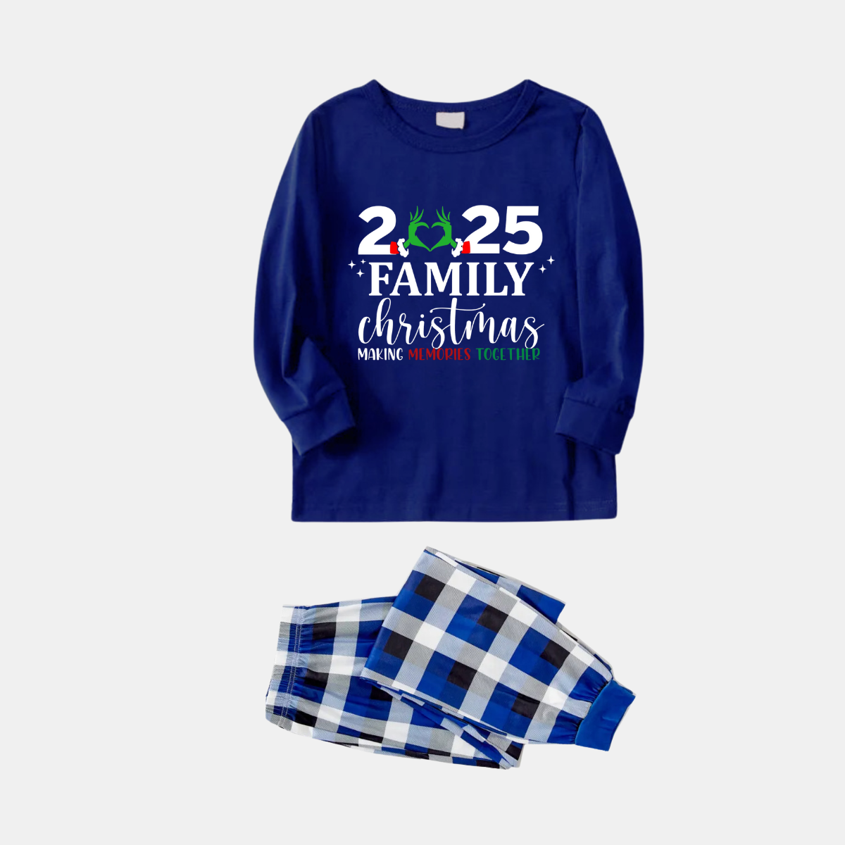 WW | "2025 Familie Weihnachten" Text Gedruckt Blau und Weiß Karierter Familienpassende Pyjamas