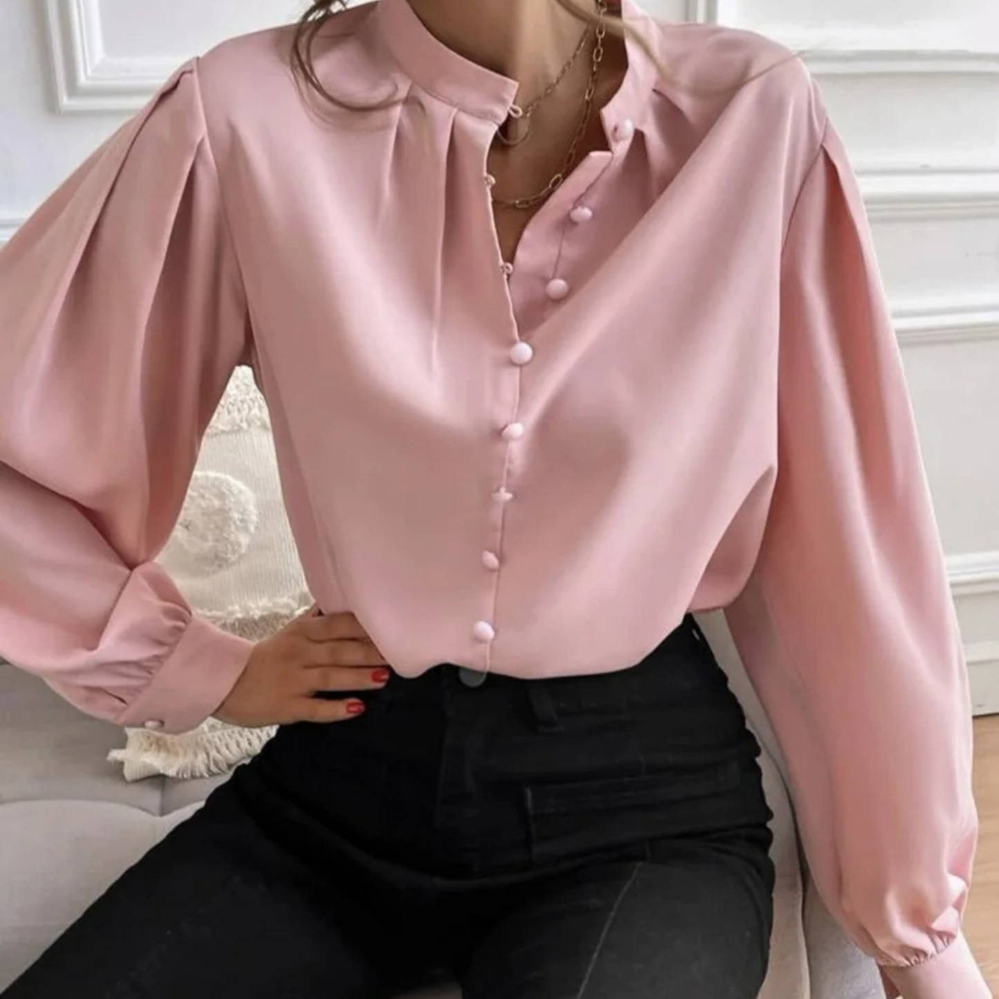 WW | White Elegant Women's Blouse with Floral Pattern and Collar