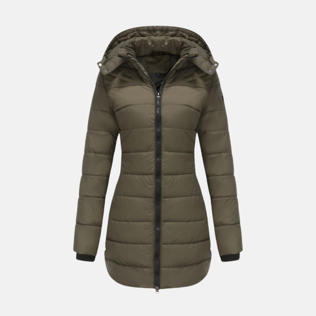 WW | Long Padded Coat - Insulated Quilted Design - Two-Way Zipper - Hooded