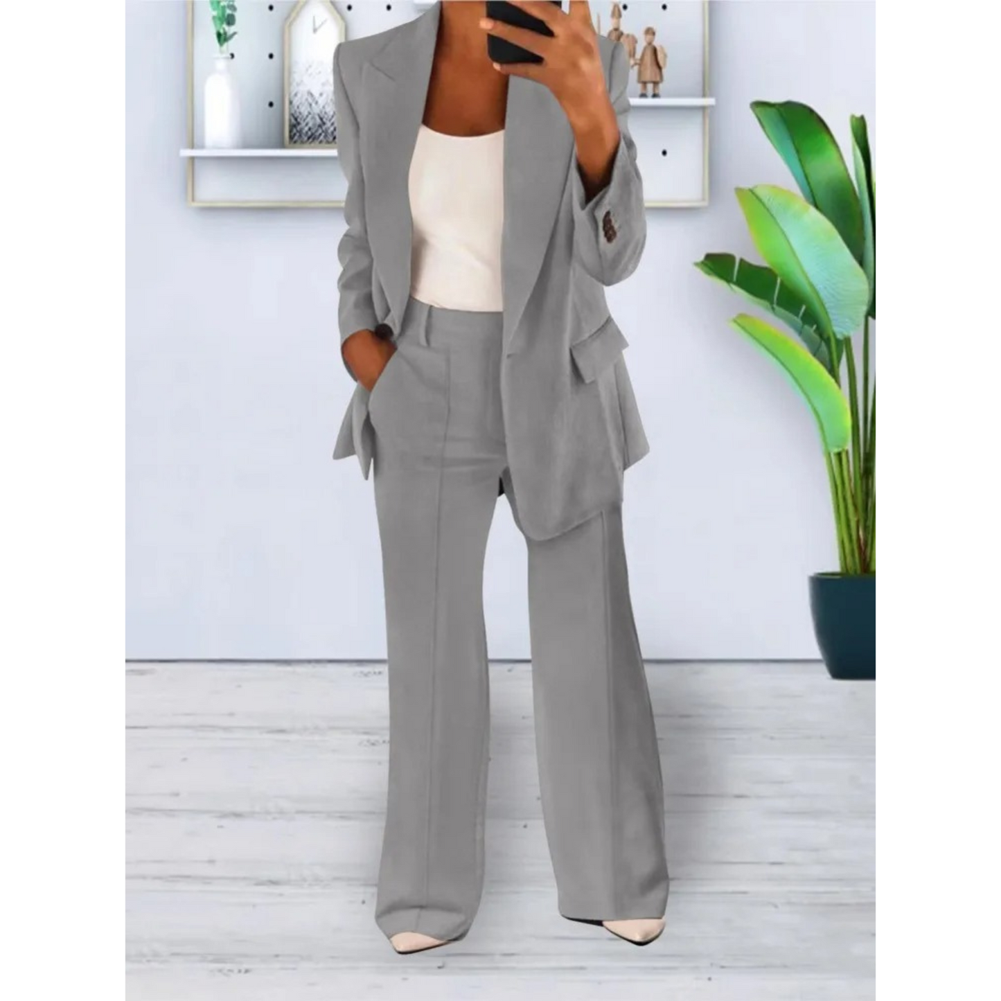 WW | lässige Passform einfarbiger lässiger Taschenblazer und Hosen Set