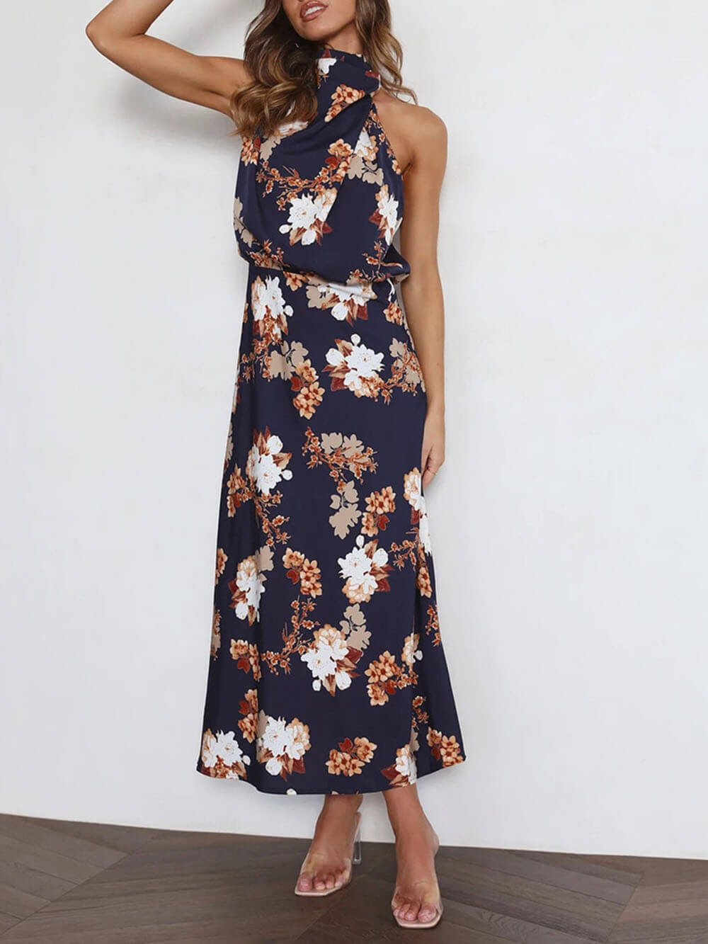 Maxi dress with halterneck, floral pattern, and elasticated waist