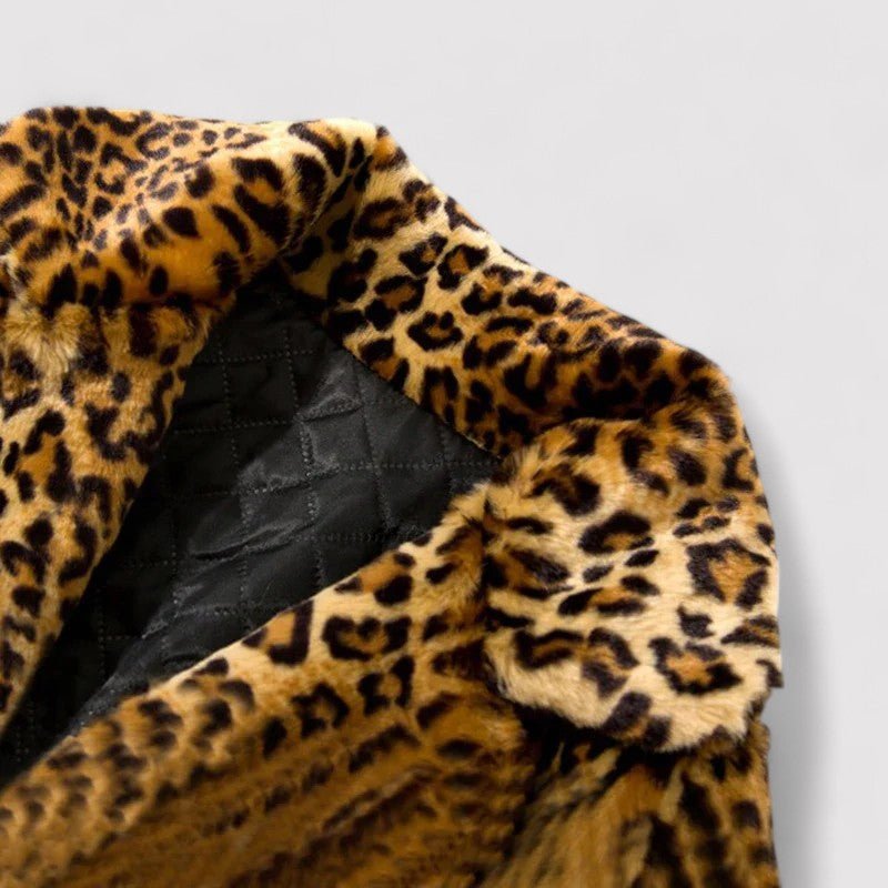 WW | Women's Classic Leopard Print Coat | Plush Faux Fur Overcoat | Mid-Length with Lapels