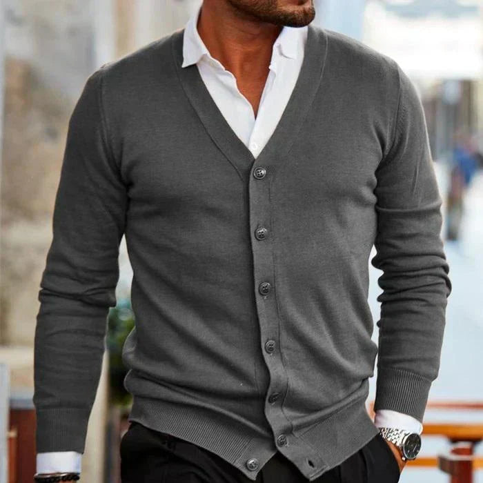 WW | Strickjacke Slim Fit Weicher Strick V-Ausschnitt Knopfverschluss Gerippte Kanten
