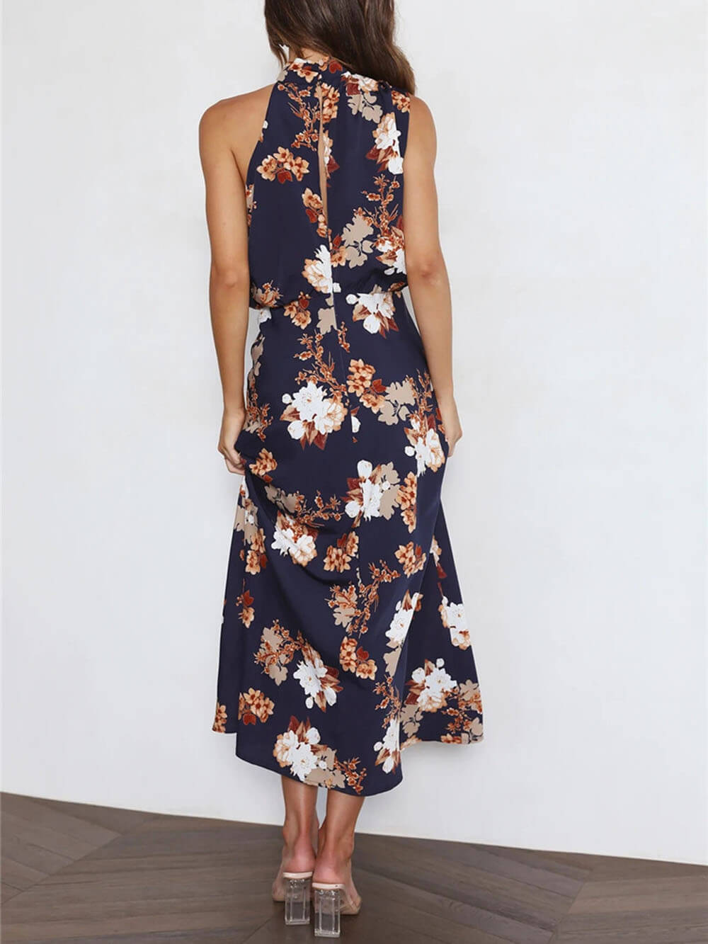 Maxi dress with halterneck, floral pattern, and elasticated waist