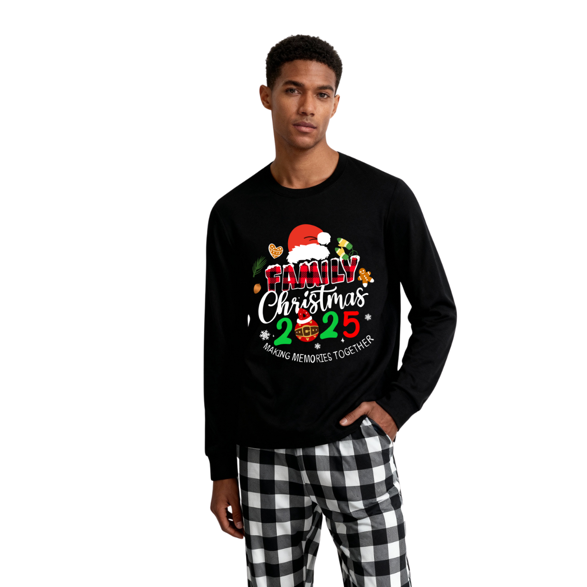 WW | Family Christmas 2025 Creating Memories Together Text Print Black Long Sleeve Top with Black and White Plaid Pants Family Matching Pajamas