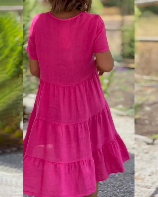 WW | Einfarbiges Kleid aus Baumwoll-Leinen mit V-Ausschnitt