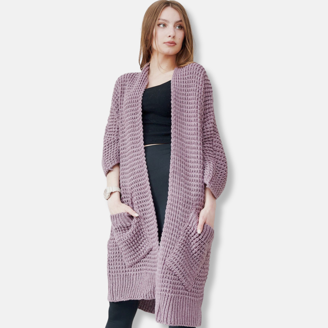 WW | Knitted Coat - Oversized Fit - Open Front - Patch Pockets - Ribbed Trims