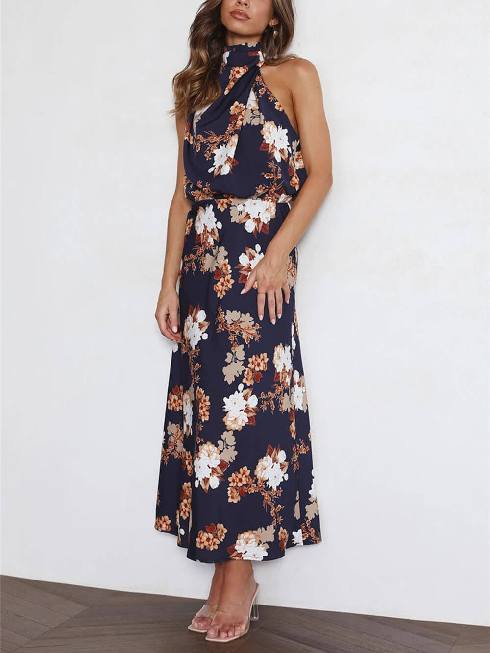 Maxi dress with halterneck, floral pattern, and elasticated waist