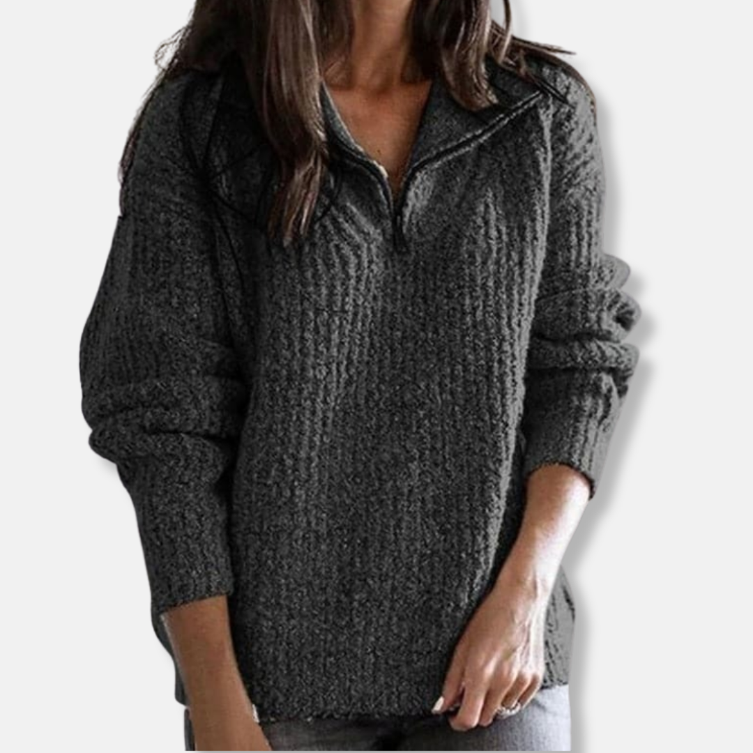 WW | Geripptes Halb-Reißverschluss-Kragenpullover - Solider Lässiger Schnitt Pullover