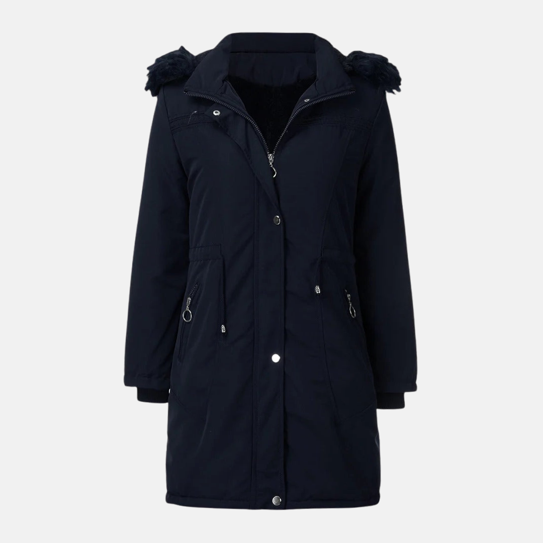 WW | Long Padded Jacket Straight Cut Hood with Faux Fur Water-Repellent Adjustable Waist Zip Fastening with Press Studs Mid-length